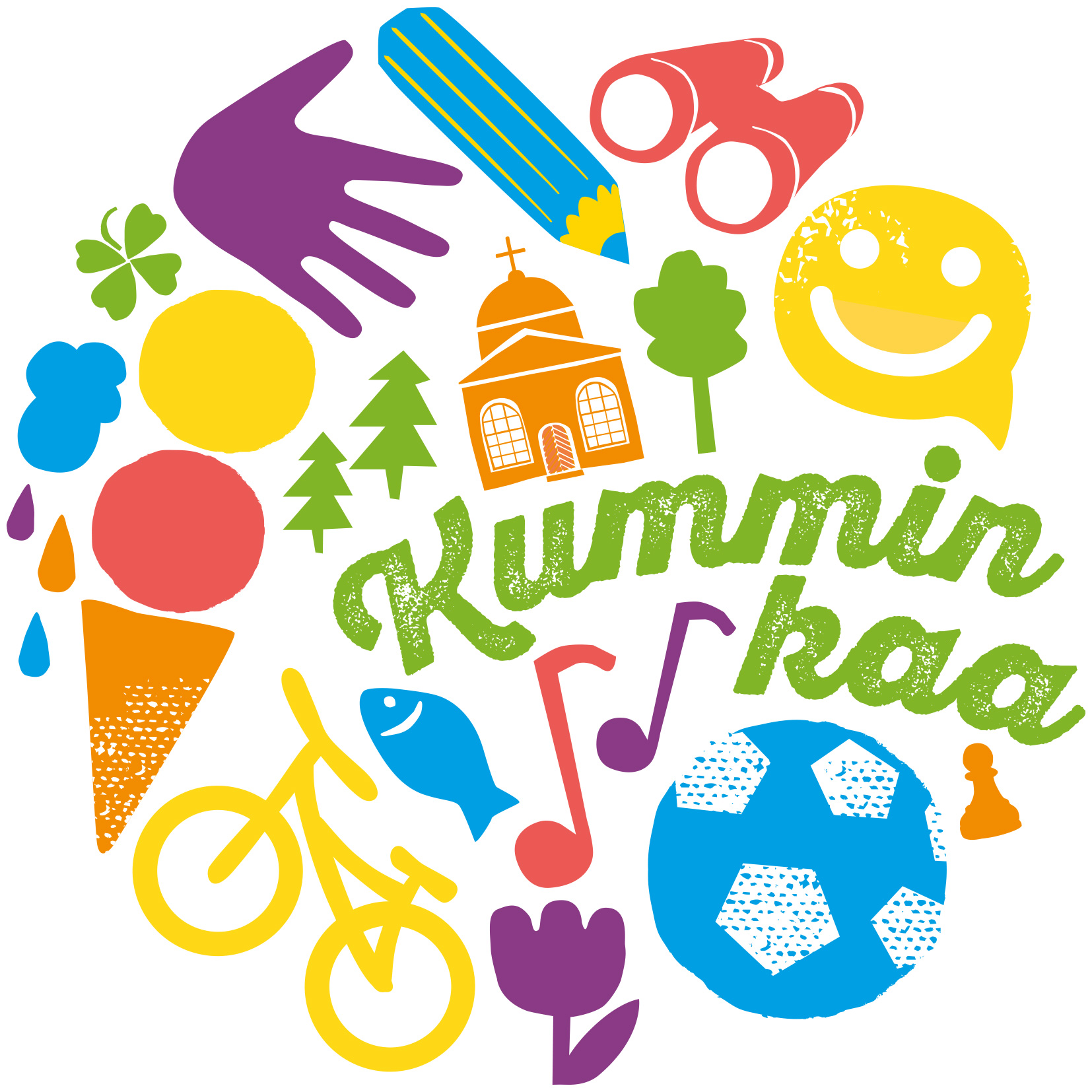 Kummipäivän logo, jossa piirrettyjä värikkäitä kuvia: jalkapallo, jäätelötötterö, polkupyörä, kirkko, kiika...