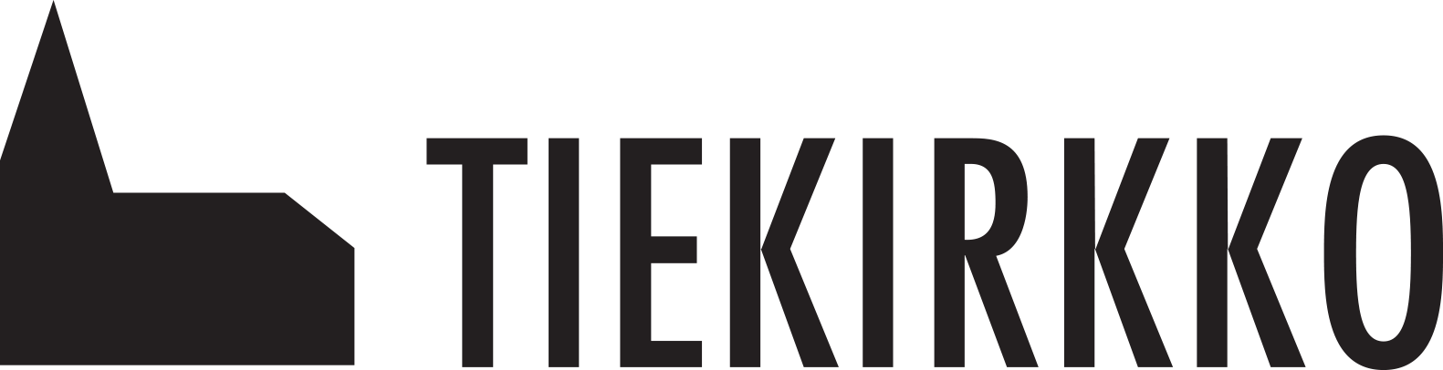Kuvassa Tiekirkko logo. Valkoisella pohjalla musta kirkko ja teksti Tiekirkko.