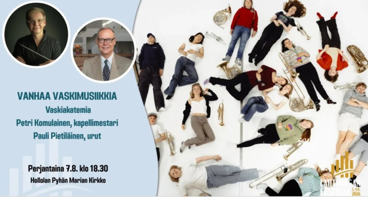 Konserttimainoksessa Pauli Pietiläinen, Petri Komulainen ja vaskiakatemian soittajat